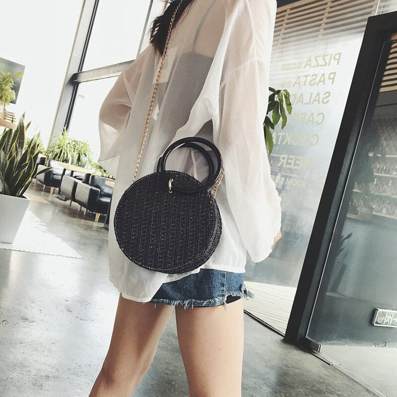 Women Handmade Round Beach Shoulder Bag Circle Straw Bags Summer Woven Rattan Handbags Women Messenger Bags(Black) - ebowsos