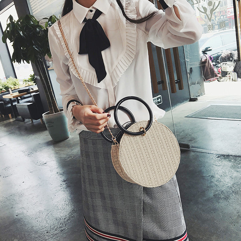 Women Handmade Round Beach Shoulder Bag Circle Straw Bags Summer Woven Rattan Handbags Women Messenger Bags(white) - ebowsos