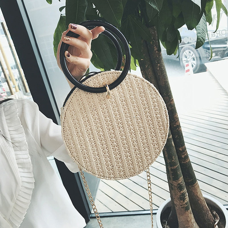 Women Handmade Round Beach Shoulder Bag Circle Straw Bags Summer Woven Rattan Handbags Women Messenger Bags(white) - ebowsos