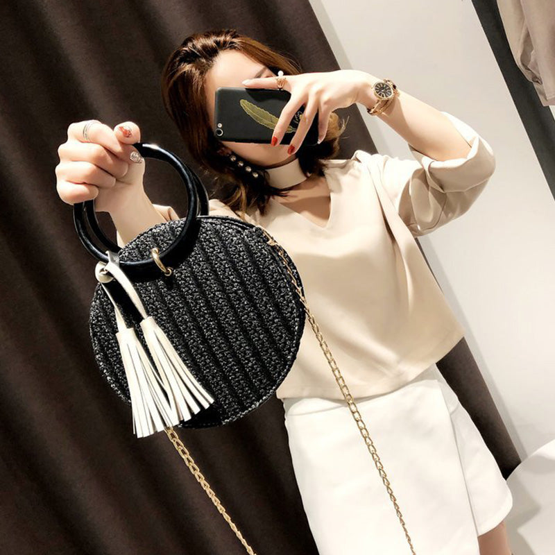 Women Handmade Round Beach Shoulder Bag Circle Straw Bags Summer Woven Rattan Handbags Women Messenger Bags(Black) - ebowsos