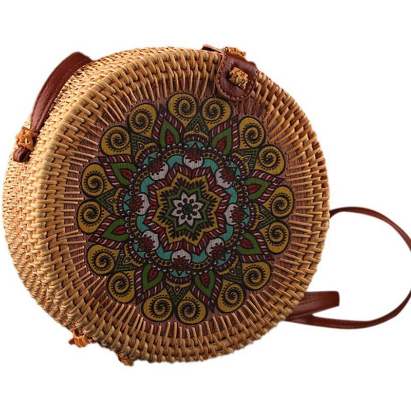 Women Handwoven Round Rattan Bag Shoulder Leather Straps Natural Chic Hand - ebowsos