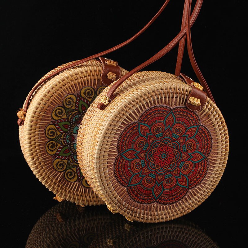 Women Handwoven Round Rattan Bag Shoulder Leather Straps Natural Chic Hand - ebowsos