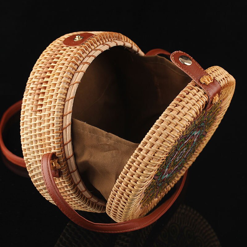 Women Handwoven Round Rattan Bag Shoulder Leather Straps Natural Chic Hand - ebowsos