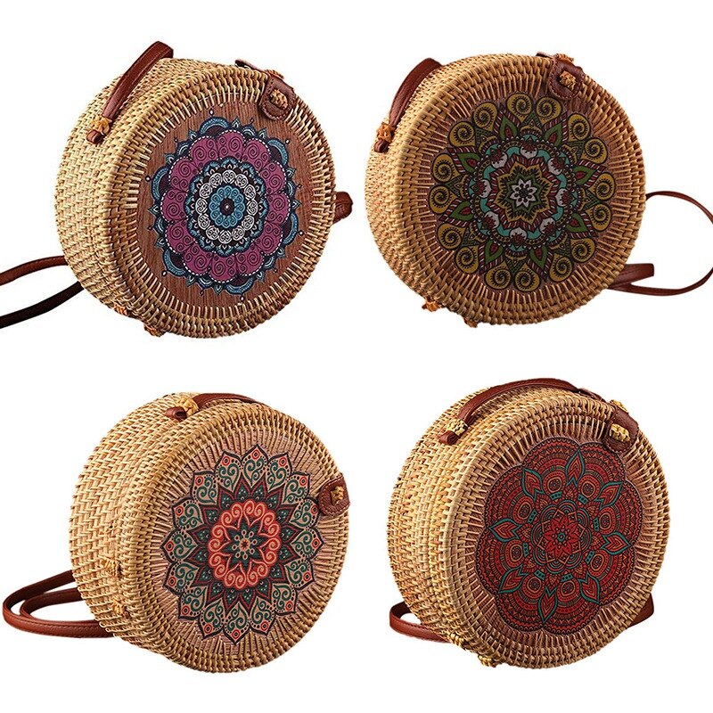 Women Handwoven Round Rattan Bag Shoulder Leather Straps Natural Chic Hand - ebowsos