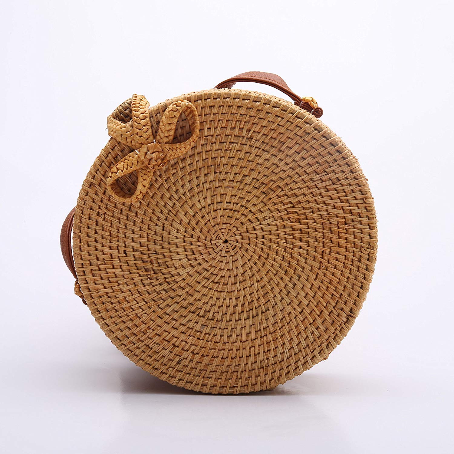 Women Handwoven Round Rattan Bag Shoulder Leather Straps Natural Chic Handbag - ebowsos