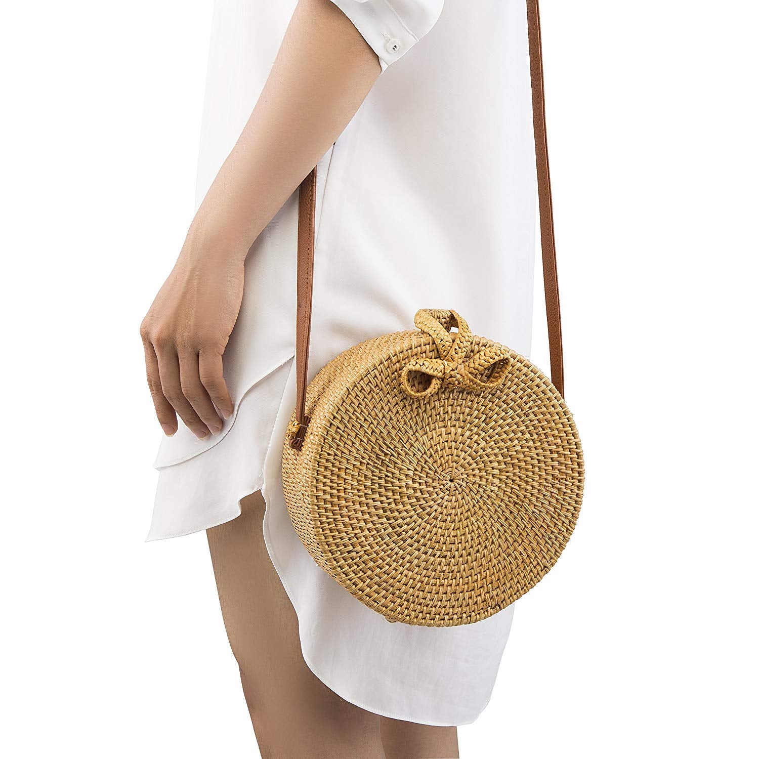 Women Handwoven Round Rattan Bag Shoulder Leather Straps Natural Chic Handbag - ebowsos