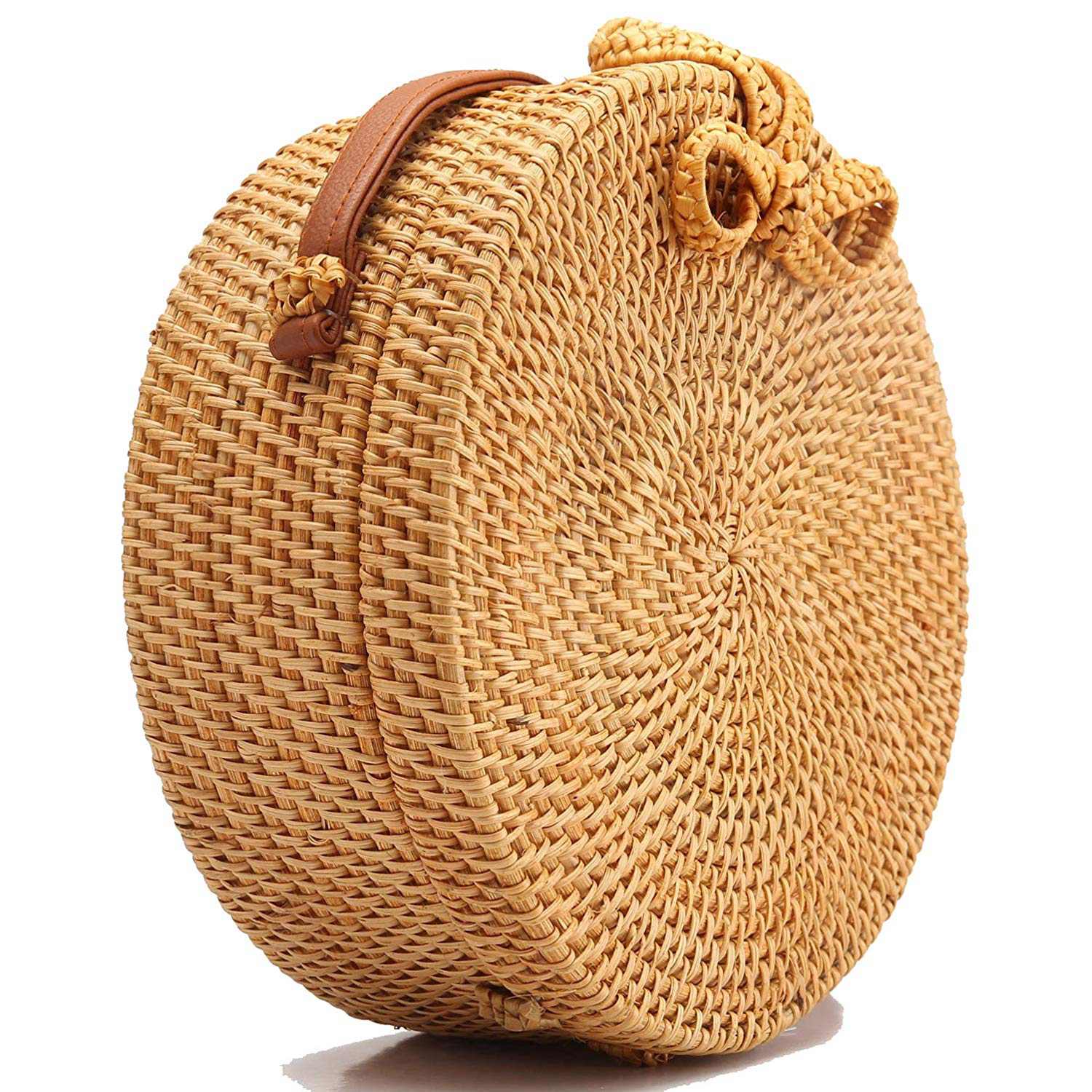 Women Handwoven Round Rattan Bag Shoulder Leather Straps Natural Chic Handbag - ebowsos