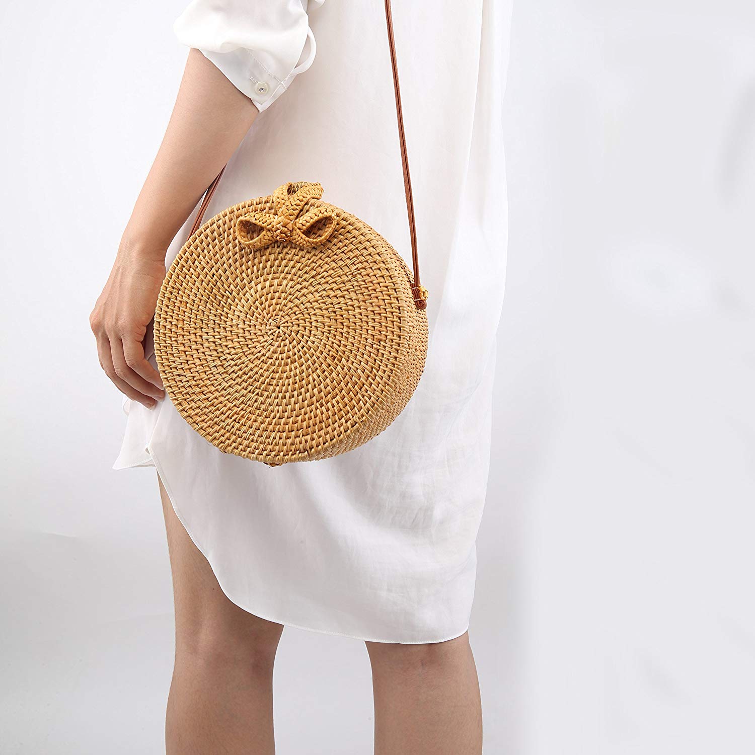 Women Handwoven Round Rattan Bag Shoulder Leather Straps Natural Chic Handbag - ebowsos