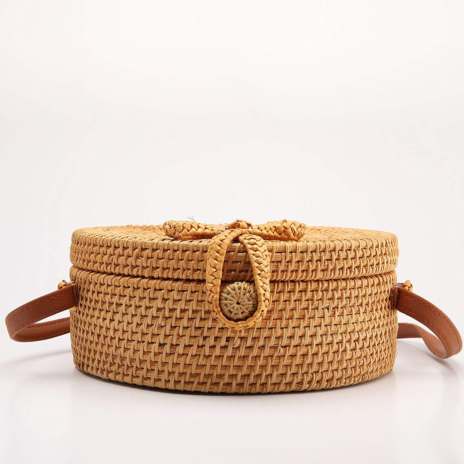 Women Handwoven Round Rattan Bag Shoulder Leather Straps Natural Chic Handbag - ebowsos