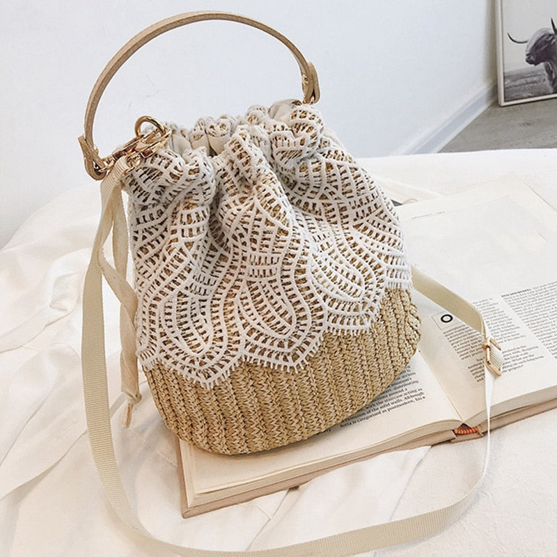 Women Lace Flower Straw Handbag Tote Summer Holiday Woven Bucket Bag Shoulder Bag Crossbody Bag,Leaf - ebowsos