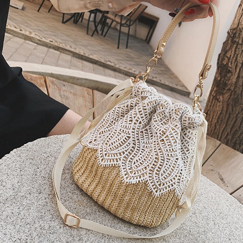 Women Lace Flower Straw Handbag Tote Summer Holiday Woven Bucket Bag Shoulder Bag Crossbody Bag,Leaf - ebowsos