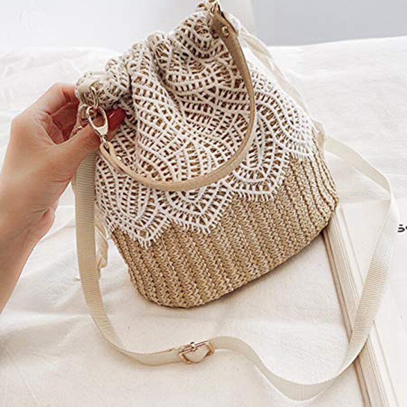 Women Lace Flower Straw Handbag Tote Summer Holiday Woven Bucket Bag Shoulder Bag Crossbody Bag,Leaf - ebowsos