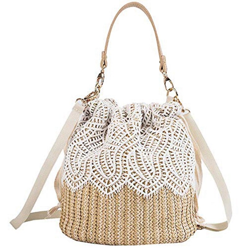 Women Lace Flower Straw Handbag Tote Summer Holiday Woven Bucket Bag Shoulder Bag Crossbody Bag,Leaf - ebowsos