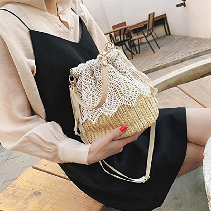 Women Lace Flower Straw Handbag Tote Summer Holiday Woven Bucket Bag Shoulder Bag Crossbody Bag,Leaf - ebowsos