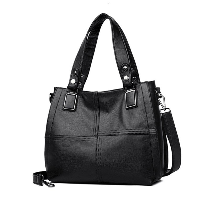 Women Leather Handbag PU Leather Casual Tote Bags Soft Female Big Shoulder Bag Black - ebowsos