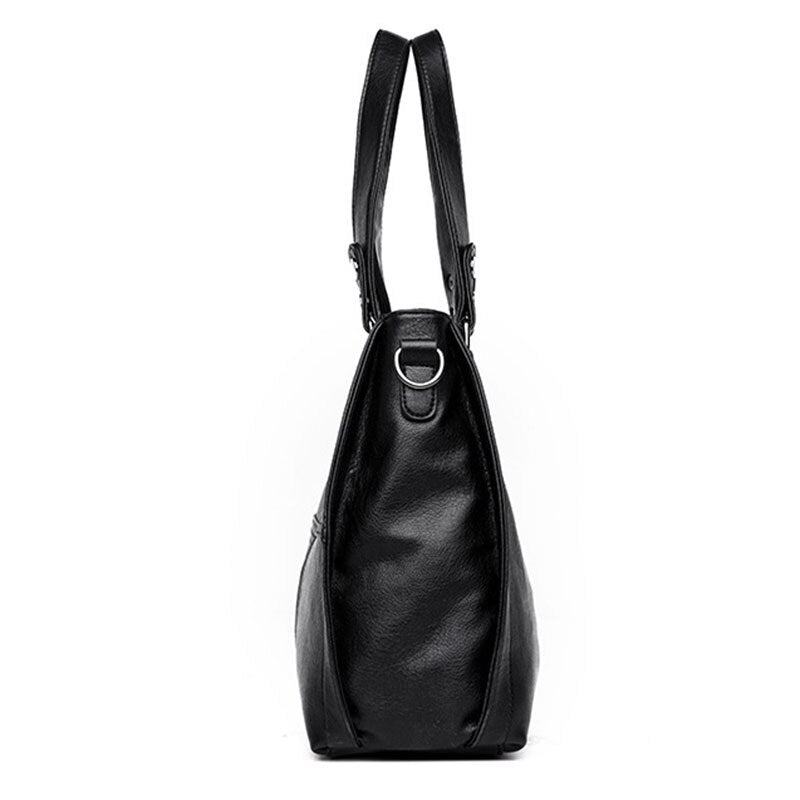 Women Leather Handbag PU Leather Casual Tote Bags Soft Female Big Shoulder Bag Black - ebowsos