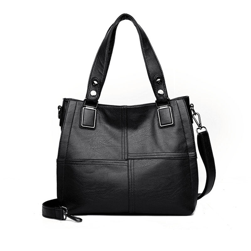 Women Leather Handbag PU Leather Casual Tote Bags Soft Female Big Shoulder Bag Black - ebowsos