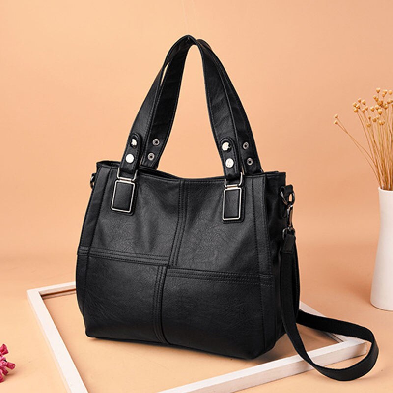 Women Leather Handbag PU Leather Casual Tote Bags Soft Female Big Shoulder Bag Black - ebowsos