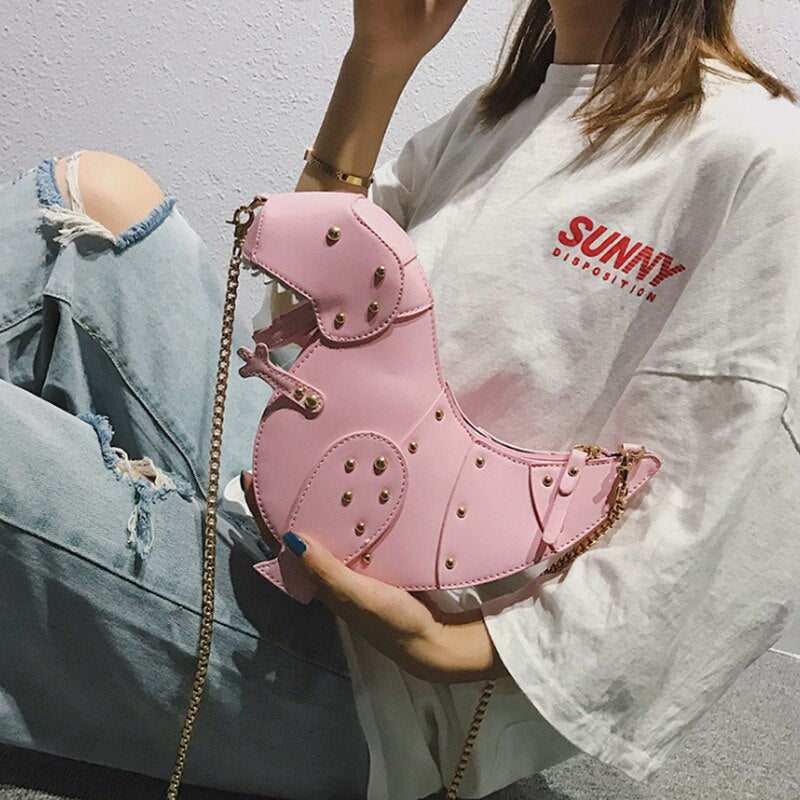 Women Messenger Bags Dinosaur Shape PU Leather Rivet Chain Crossbody Shoulder Bag Girl Mini Clutch Purse(Pink) - ebowsos