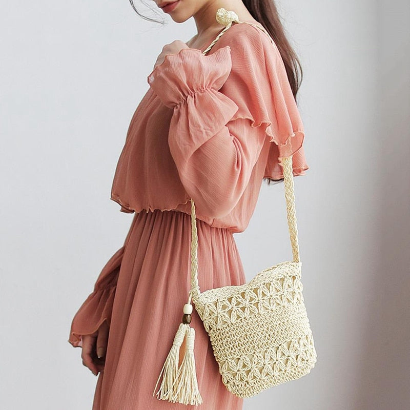 Women Messenger Bags Hollow Out Woven Single Shoulder Crossbody Tassel Beach Casual Straw Bag For Women Girl Bags - ebowsos