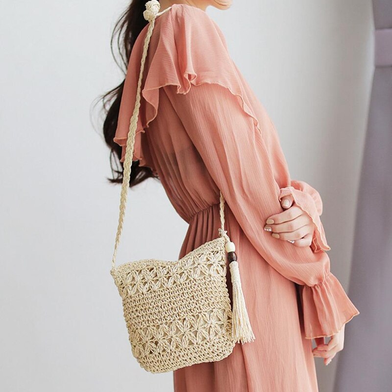 Women Messenger Bags Hollow Out Woven Single Shoulder Crossbody Tassel Beach Casual Straw Bag For Women Girl Bags - ebowsos