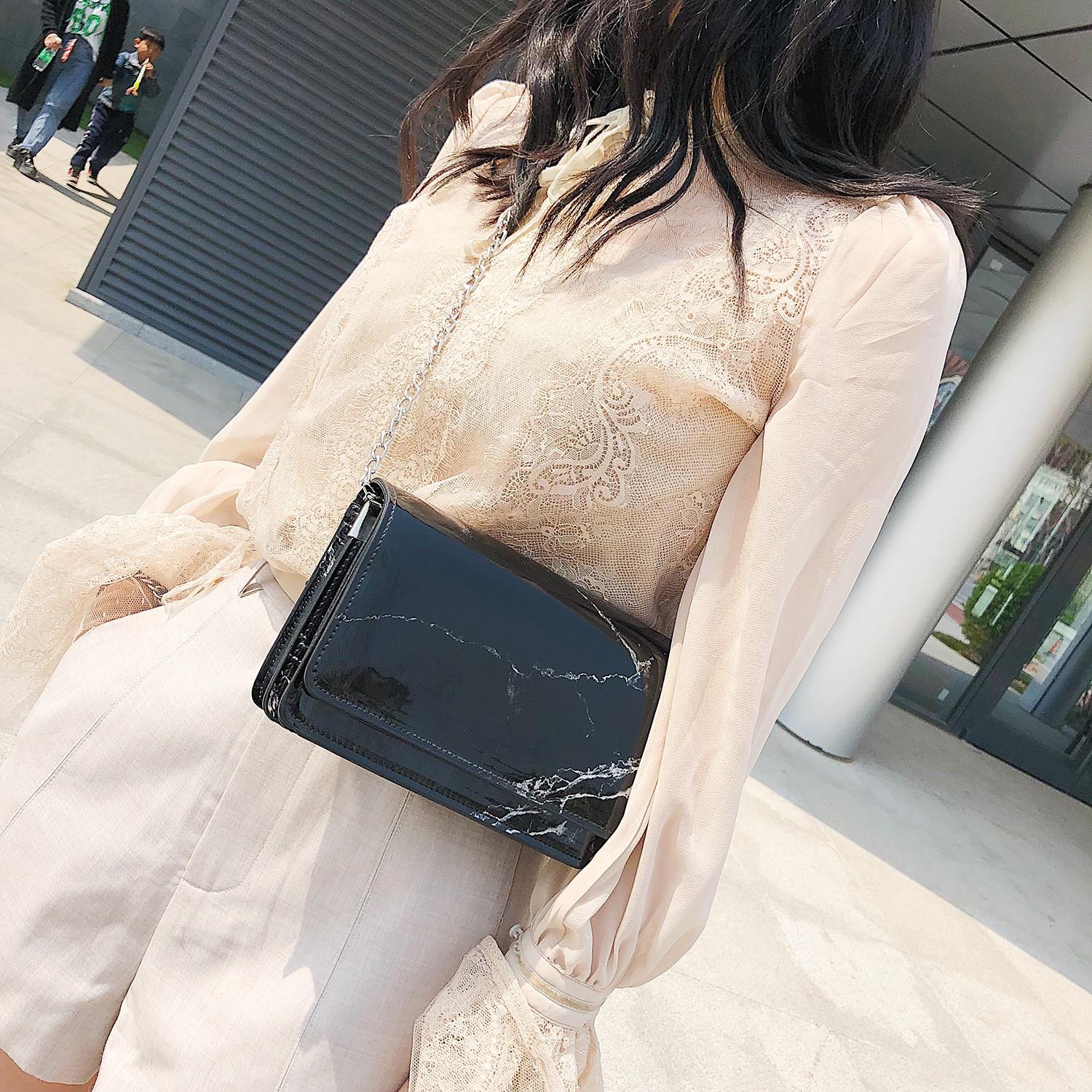 Women New Fashion Summer Marble Pattern Glossy Leather Chic Chain Bag Shoulder Bag Handbags Messenger Bag - ebowsos