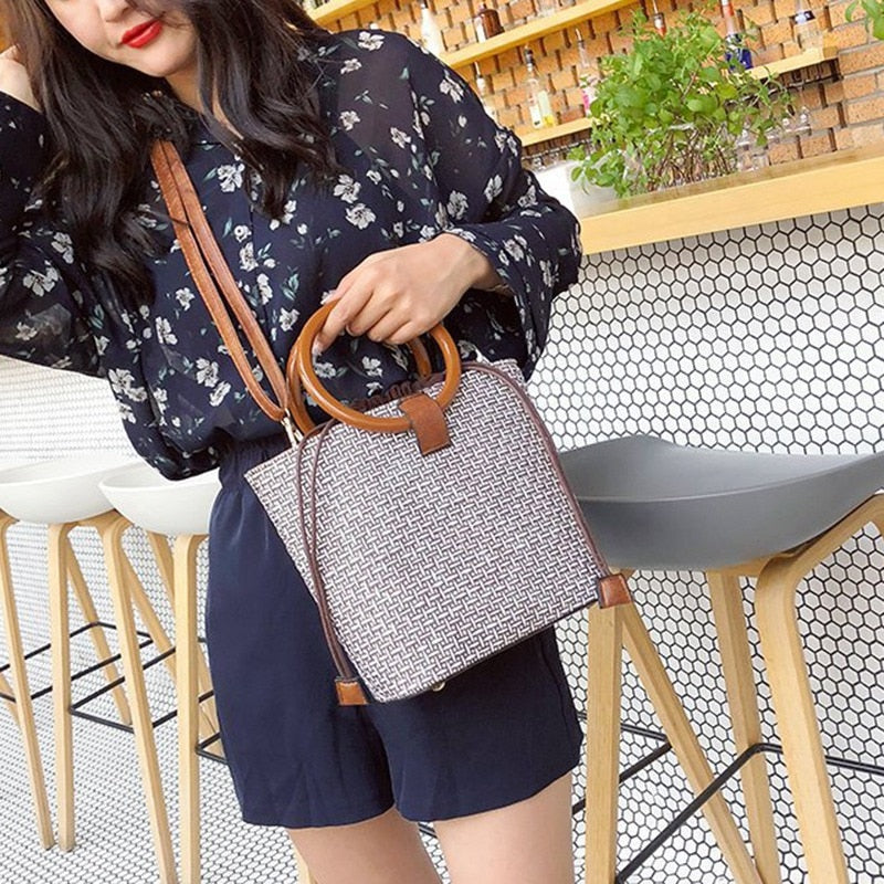 Women New Simple Retro Ring Handbag Diagonal Straw Beach Bag - ebowsos