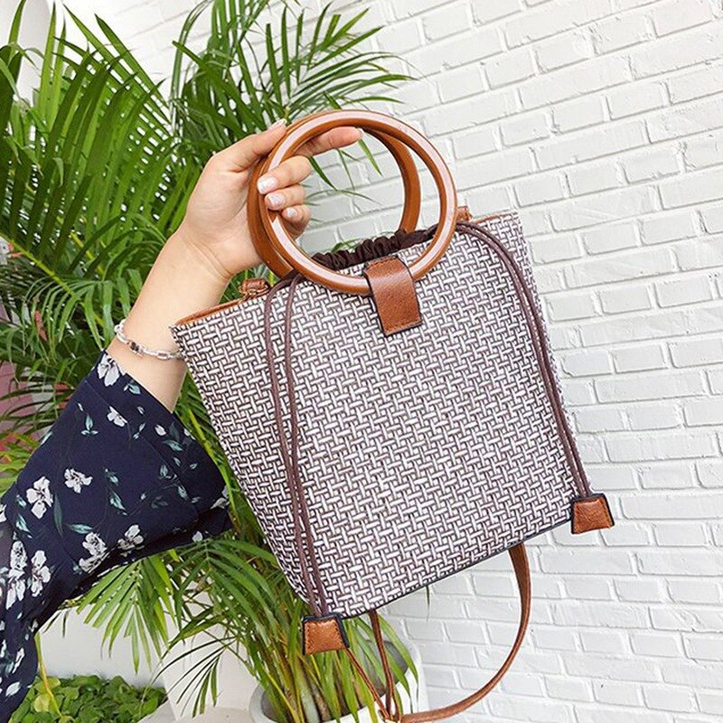 Women New Simple Retro Ring Handbag Diagonal Straw Beach Bag - ebowsos