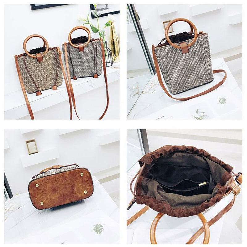 Women New Simple Retro Ring Handbag Diagonal Straw Beach Bag - ebowsos