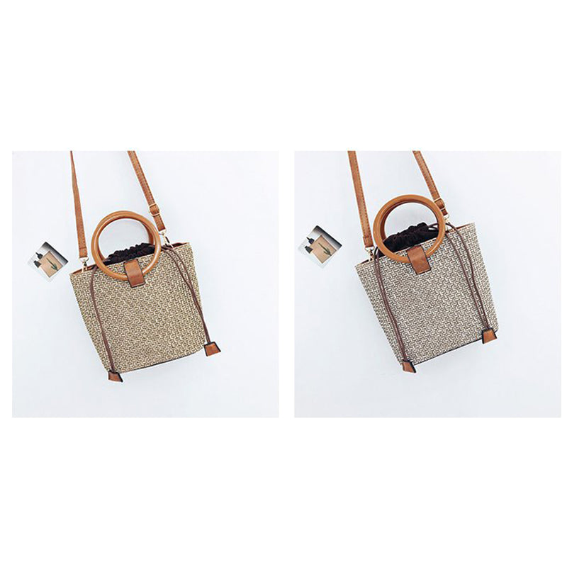 Women New Simple Retro Ring Handbag Diagonal Straw Beach Bag - ebowsos