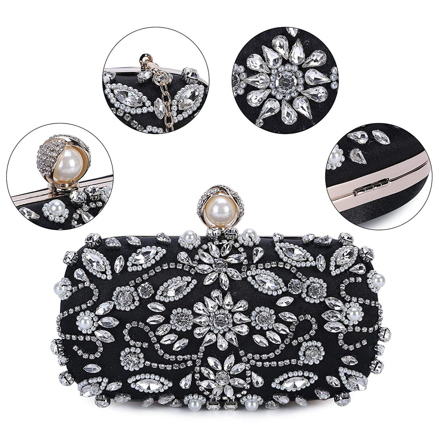 Women Noble Crystal Beaded Evening Bag Wedding Clutch Purse - ebowsos