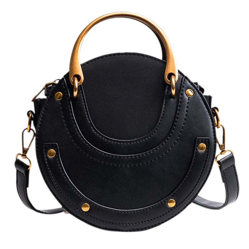 Women PU Leather Round Shape Top Handle Shoulder Purse Crossbody Bag(Black) - ebowsos