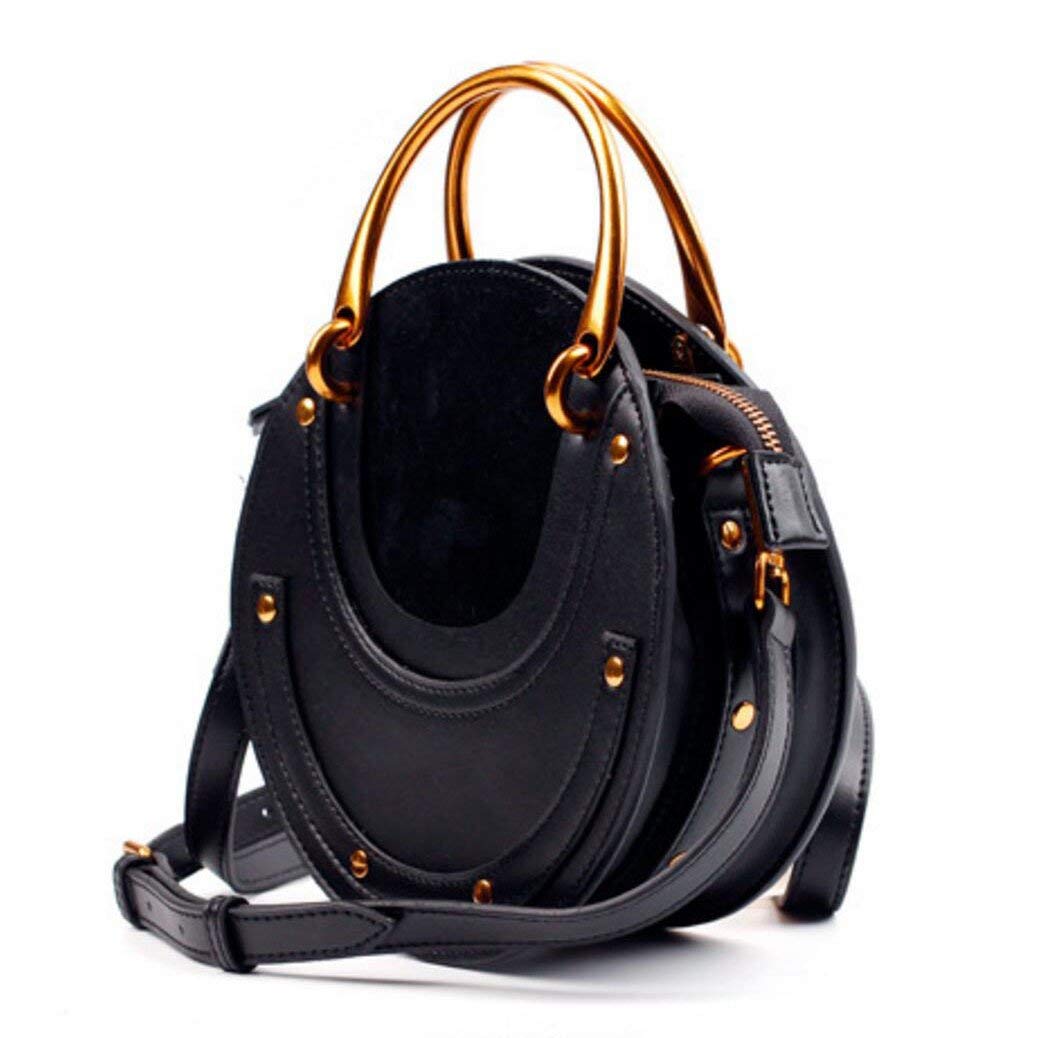 Women PU Leather Round Shape Top Handle Shoulder Purse Crossbody Bag(Black) - ebowsos