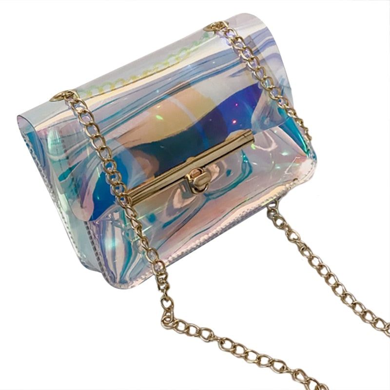 Women PVC+PU Chain Bag Transparent Clear Tote Shoulder Crossbody Handbag Bags - ebowsos