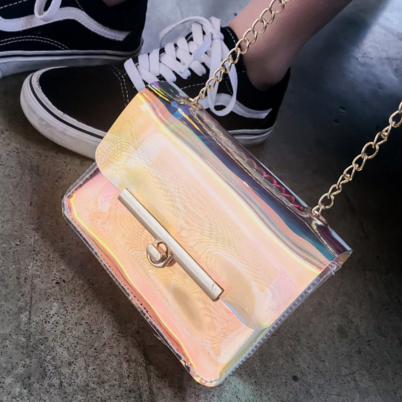 Women PVC+PU Chain Bag Transparent Clear Tote Shoulder Crossbody Handbag Bags - ebowsos