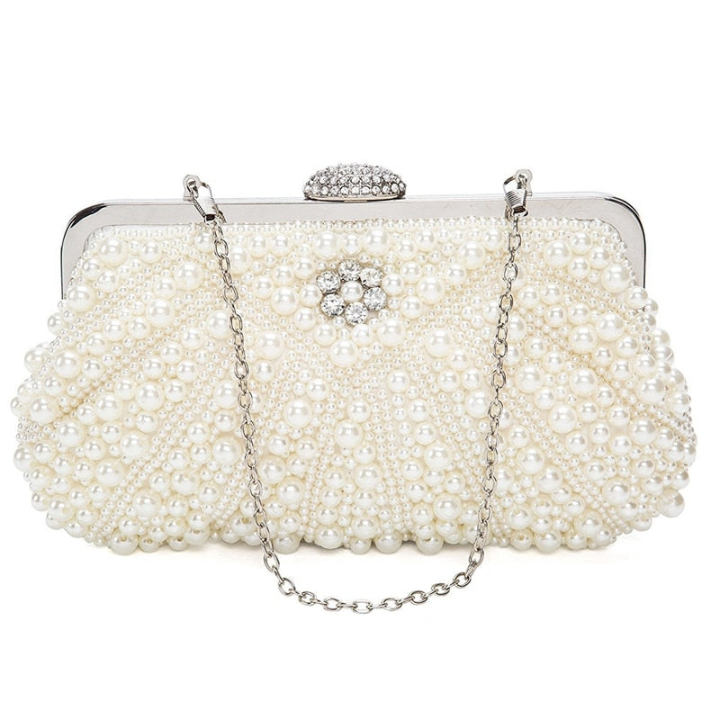 Women Pearl Clutch Bags Evening Bag Purse Handbag For Wedding Chain Bag For Dinner Party, White - ebowsos