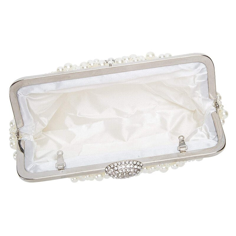 Women Pearl Clutch Bags Evening Bag Purse Handbag For Wedding Chain Bag For Dinner Party, White - ebowsos