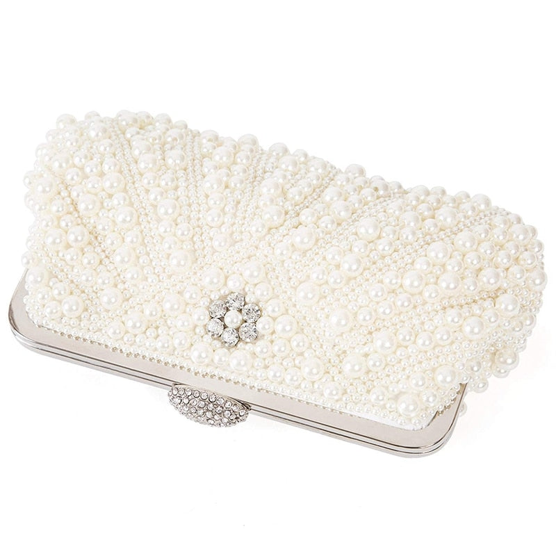 Women Pearl Clutch Bags Evening Bag Purse Handbag For Wedding Chain Bag For Dinner Party, White - ebowsos