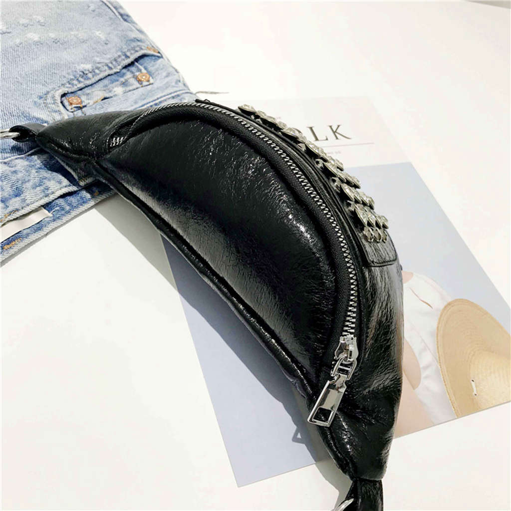 Women Pu Leather Funny Pack Female Designer Waist Bag Packs Lady Rivet Belt Bags Chain Chest Handbag - ebowsos