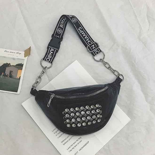Women Pu Leather Funny Pack Female Designer Waist Bag Packs Lady Rivet Belt Bags Chain Chest Handbag - ebowsos