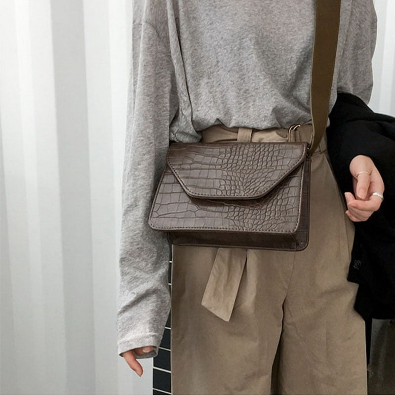 Women Pu Leather Small Square Bag New Wide Shoulder Bag Vintage Crocodile Pattern Fashion Simple Messenger Bag Female - ebowsos