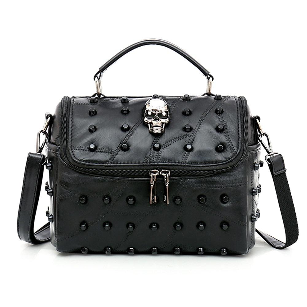 Women Real Pu Leather Messenger Bag Rivet Skull Tote Handbag Travel Crossbody - ebowsos