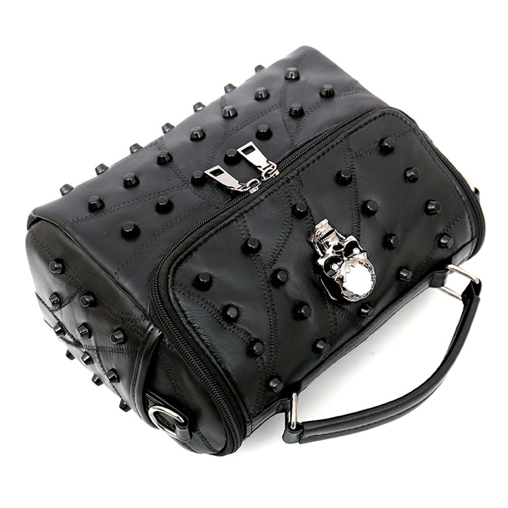 Women Real Pu Leather Messenger Bag Rivet Skull Tote Handbag Travel Crossbody - ebowsos