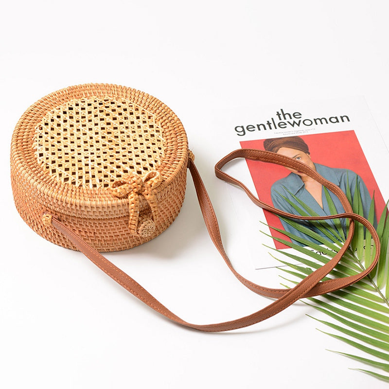 Women Round Hot Manual Rattan Single For Shoulder Bali Beach Bag - ebowsos