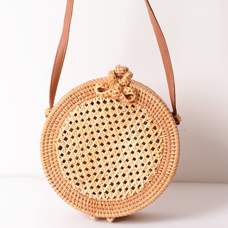 Women Round Hot Manual Rattan Single For Shoulder Bali Beach Bag - ebowsos