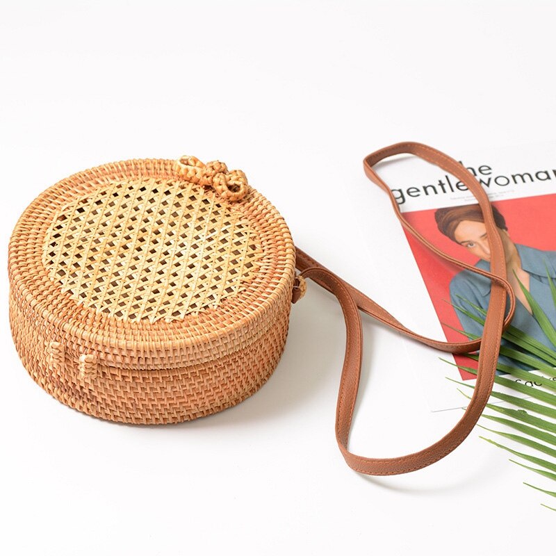 Women Round Hot Manual Rattan Single For Shoulder Bali Beach Bag - ebowsos