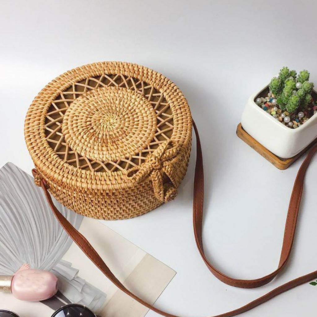 Women'S Circle Handwoven Bali Round Retro Rattan Straw Beach Bag Crossbody (C) - ebowsos