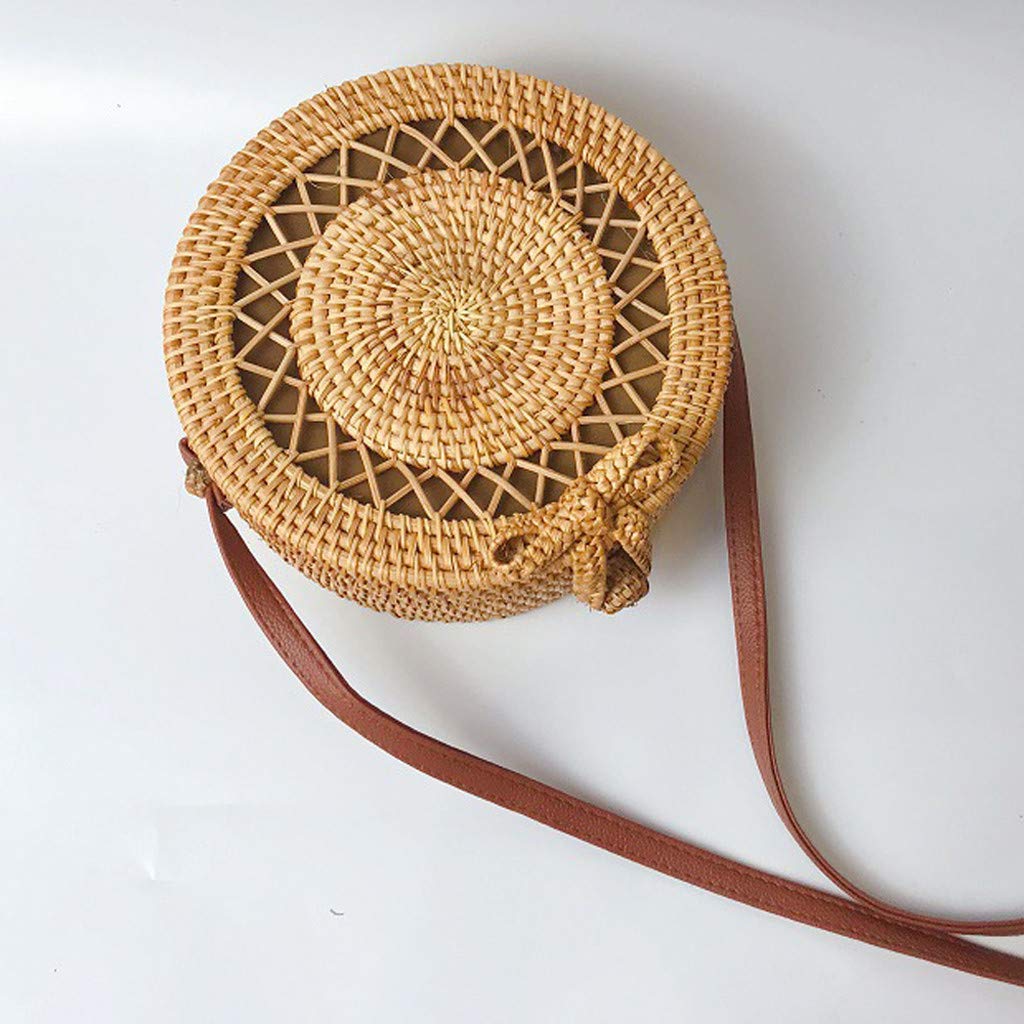 Women'S Circle Handwoven Bali Round Retro Rattan Straw Beach Bag Crossbody (C) - ebowsos