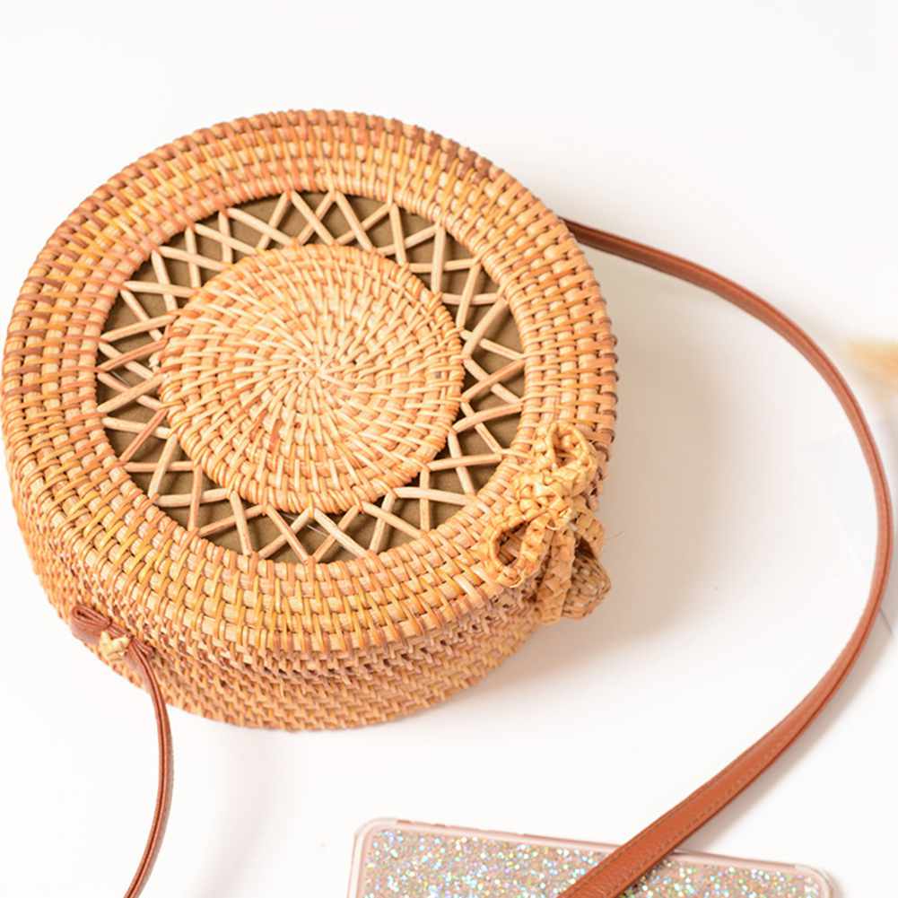 Women'S Circle Handwoven Bali Round Retro Rattan Straw Beach Bag Crossbody (C) - ebowsos