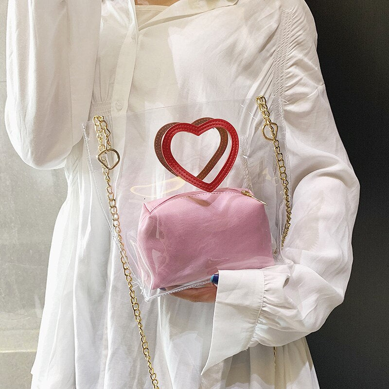 Women'S Diagonal Package Jelly Package Heart-Shaped Portable Transparent Wild Shoulder Bag +Clutch - ebowsos